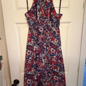 BCBG Paris Navy Floral Halter Midi Dress with Pink and Red Flowers